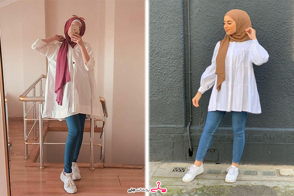 ست شلوار اسکینی با مانتو سفید ساده